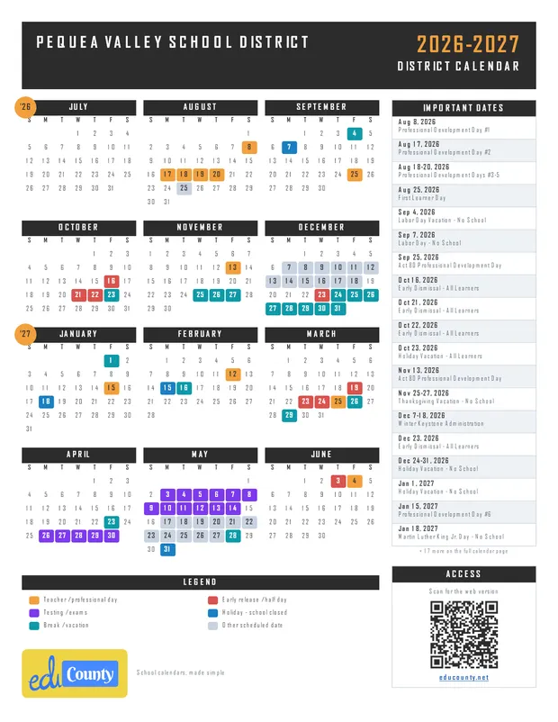 Pequea Valley School District printable 2026-27 calendar