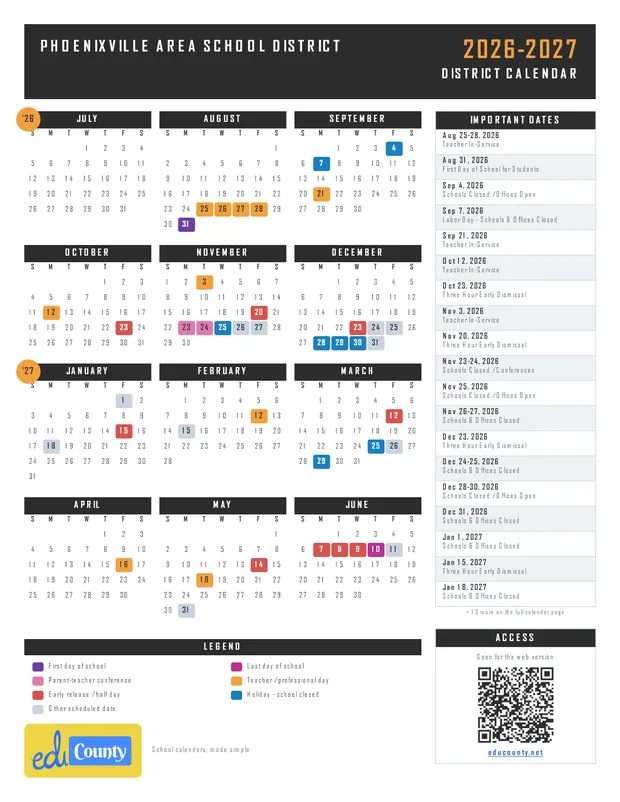 PHOENIXVILLE AREA SCHOOL DISTRICT printable 2026-27 calendar