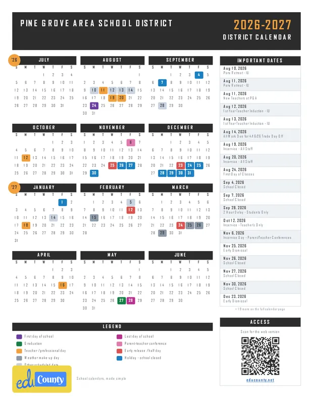 Pine Grove Area School District printable 2026-27 calendar