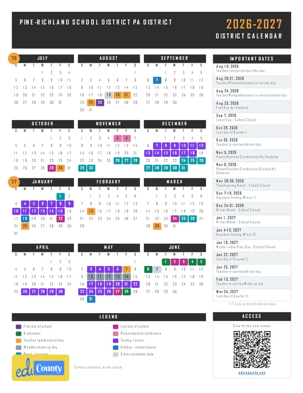 Pine-Richland School District PA District printable 2026-27 calendar