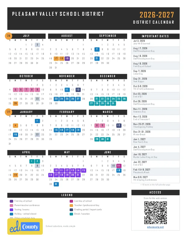 Pleasant Valley School District printable 2026-27 calendar