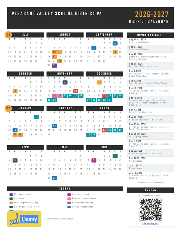 Pleasant Valley School District printable 2026-27 calendar