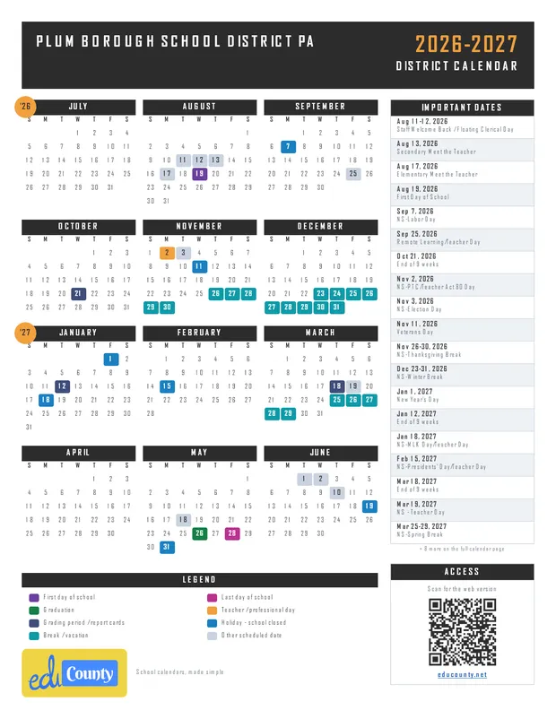 Plum Borough School District printable 2026-27 calendar