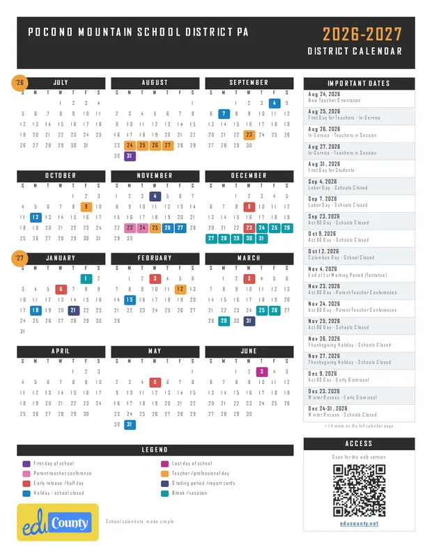 Pocono Mountain School District printable 2026-27 calendar