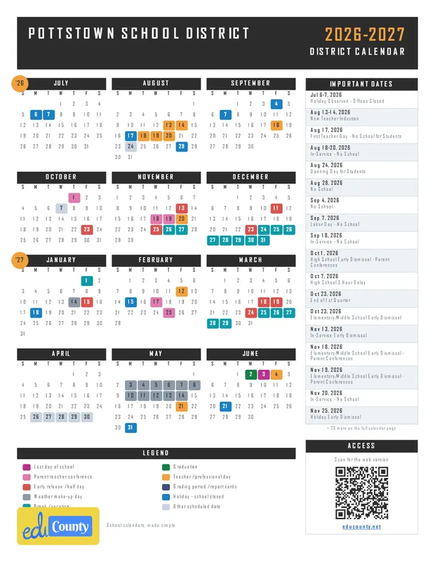 Pottstown School District printable 2026-27 calendar