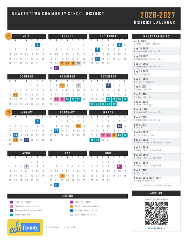 Quakertown Community School District printable 2026-27 calendar