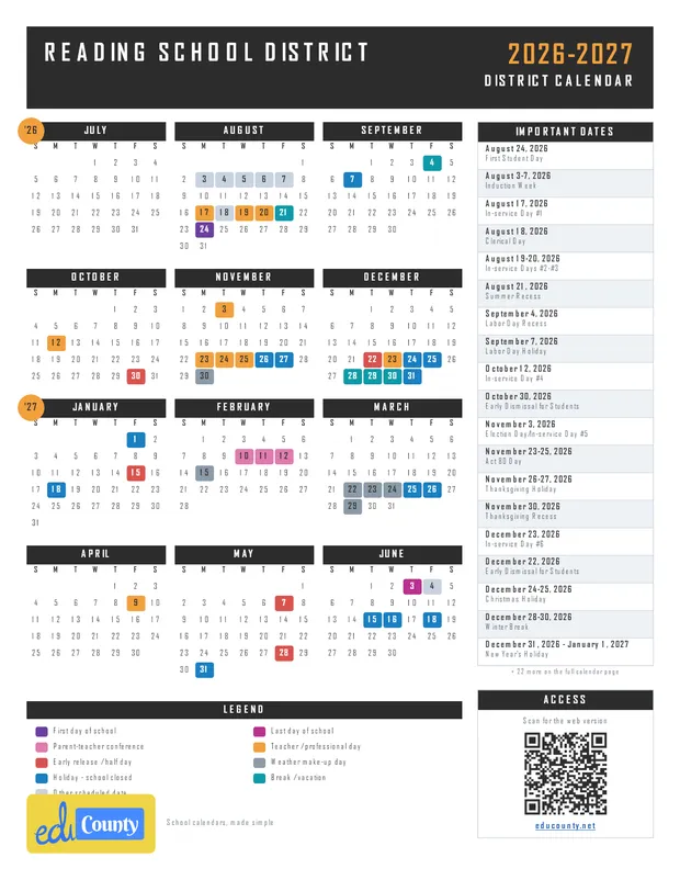 Reading School District printable 2026-27 calendar