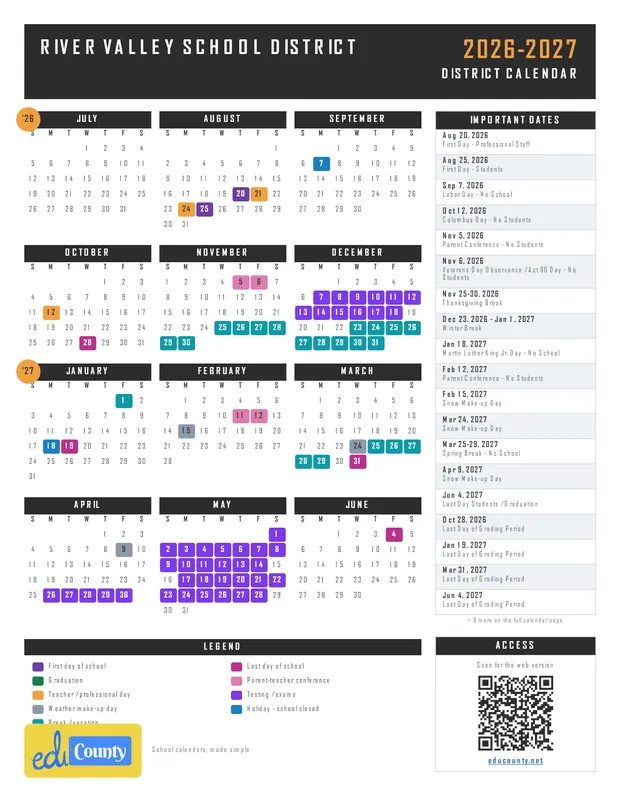 River Valley School District printable 2026-27 calendar