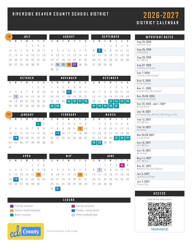 Riverside Beaver County School District printable 2026-27 calendar
