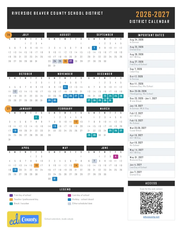 Riverside Beaver County School District printable 2026-27 calendar