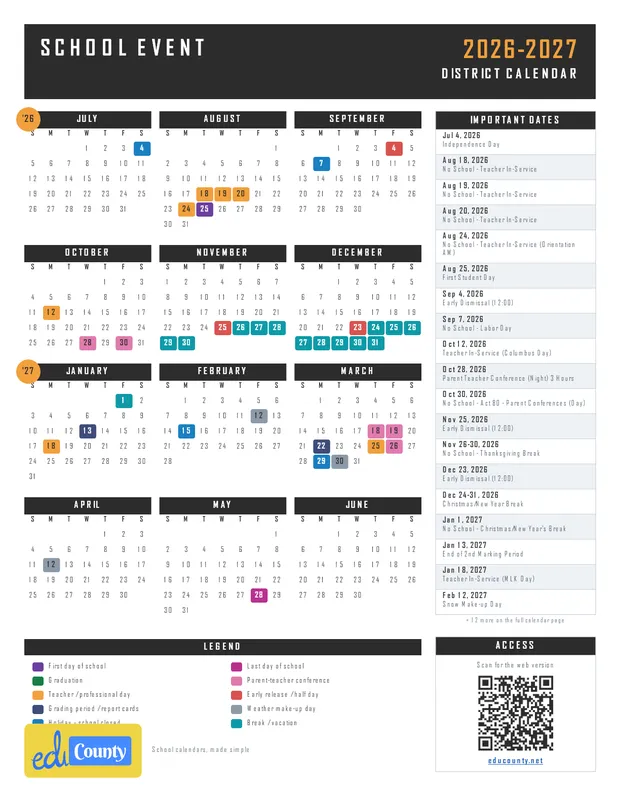School Event printable 2026-27 calendar
