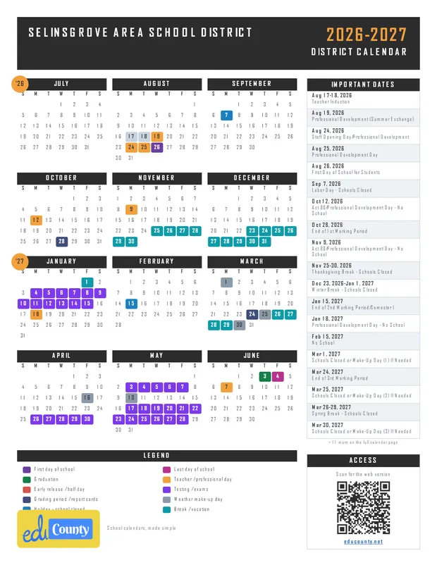 Selinsgrove Area School District printable 2026-27 calendar
