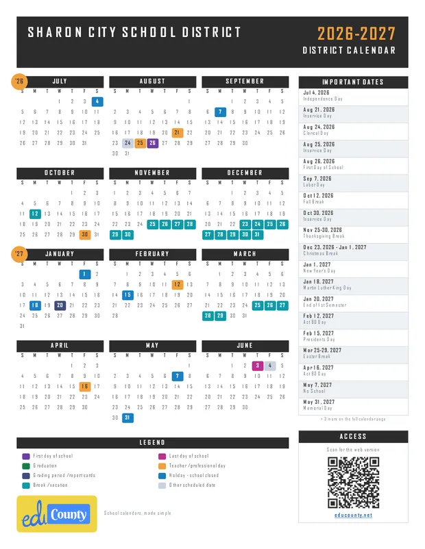 Sharon City School District printable 2026-27 calendar