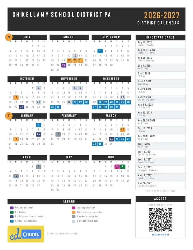 Shikellamy School District printable 2026-27 calendar