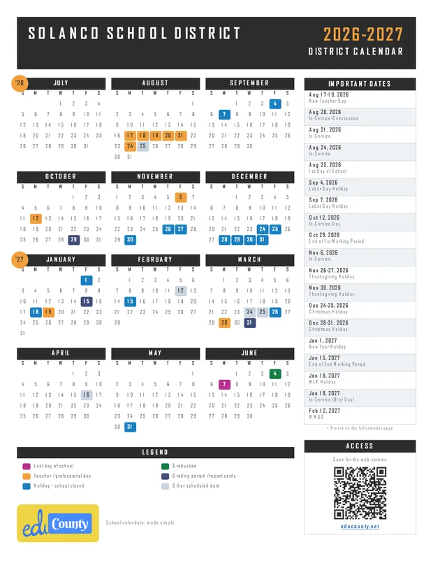 Solanco School District printable 2026-27 calendar