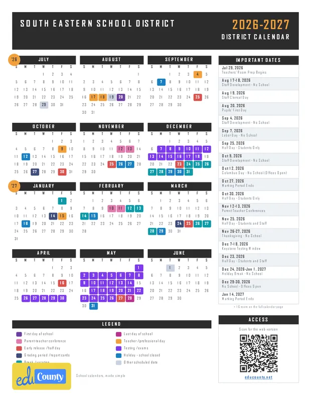 SOUTH EASTERN SCHOOL DISTRICT printable 2026-27 calendar