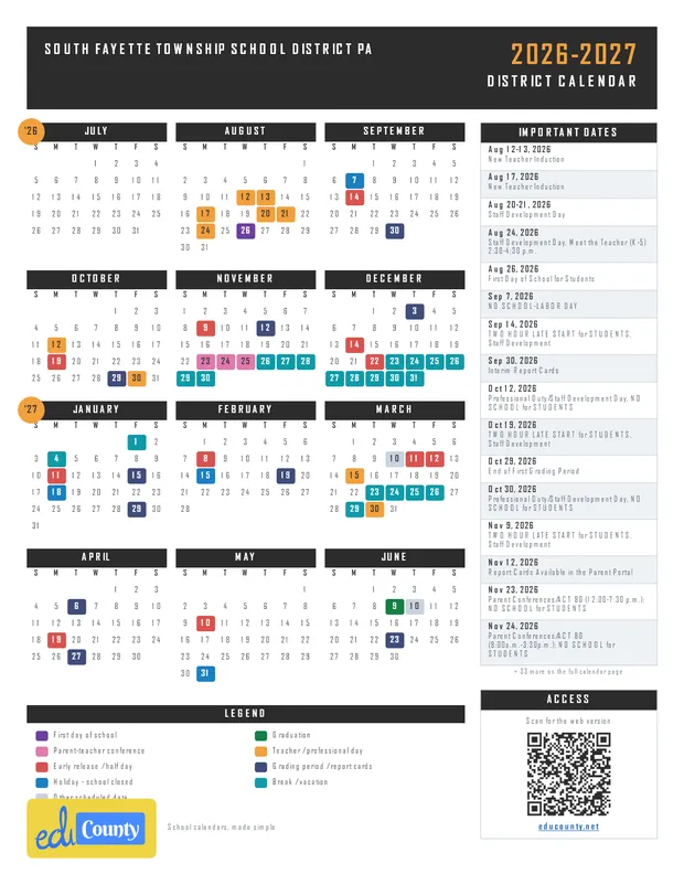 South Fayette Township School District printable 2026-27 calendar