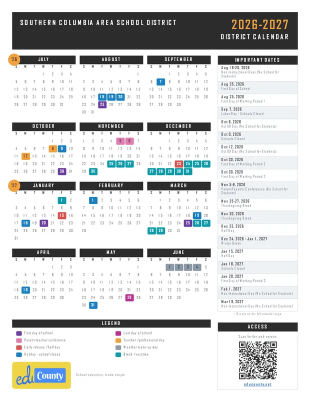 Southern Columbia Area School District printable 2026-27 calendar
