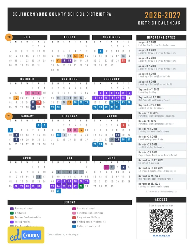 Southern York County School District printable 2026-27 calendar