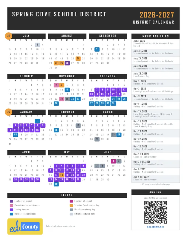 Spring Cove School District printable 2026-27 calendar