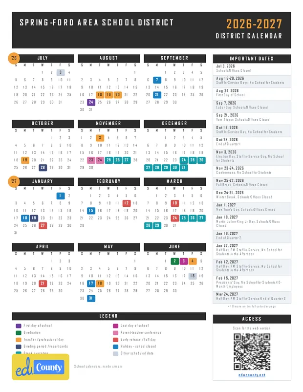 SPRING-FORD AREA SCHOOL DISTRICT printable 2026-27 calendar