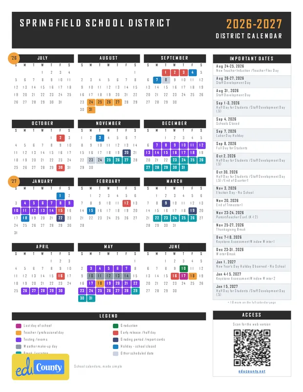 Springfield School District printable 2026-27 calendar