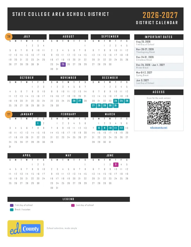 State College Area School District SCASD printable 2026-27 calendar