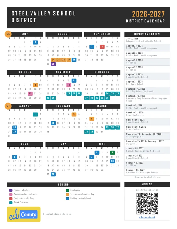 Steel Valley School District printable 2026-27 calendar