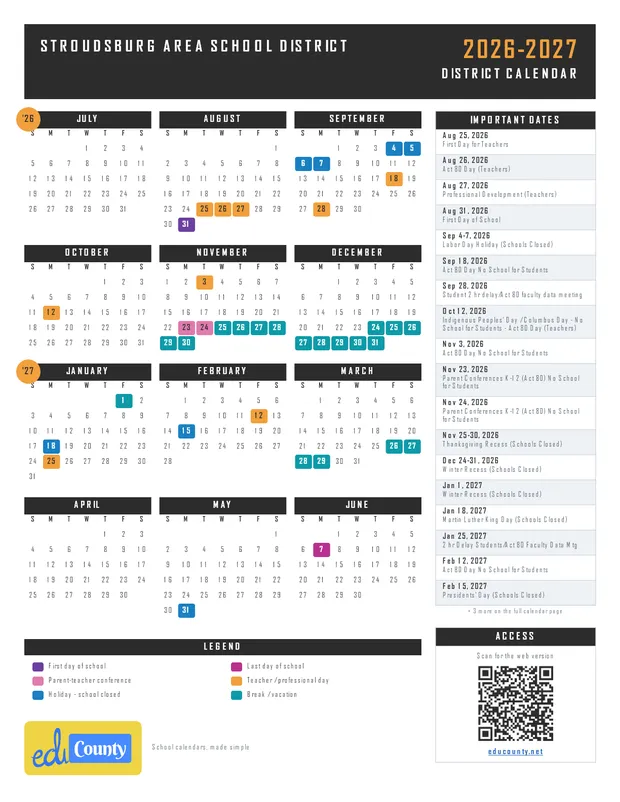 Stroudsburg Area School District printable 2026-27 calendar
