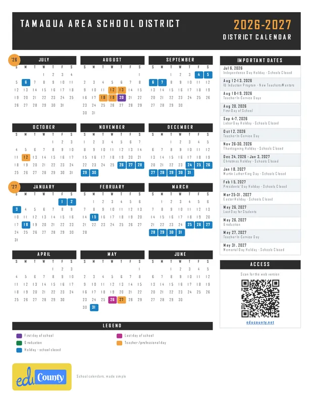 Tamaqua Area School District printable 2026-27 calendar