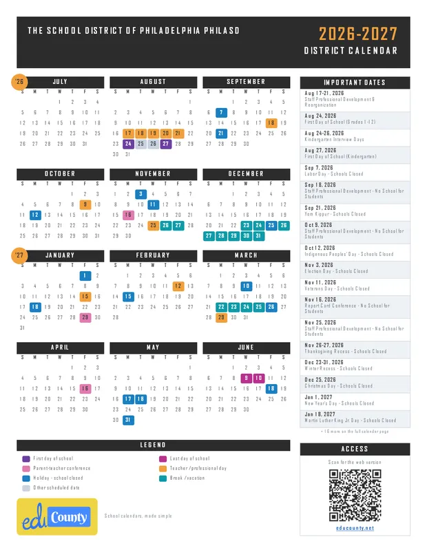The School District of Philadelphia PHILASD printable 2026-27 calendar