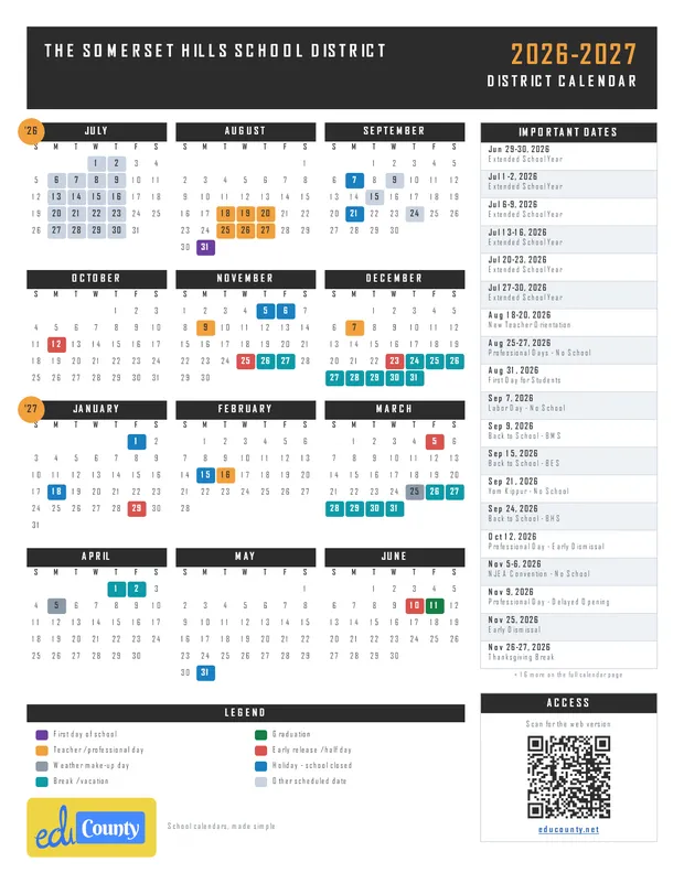 The Somerset Hills School District printable 2026-27 calendar