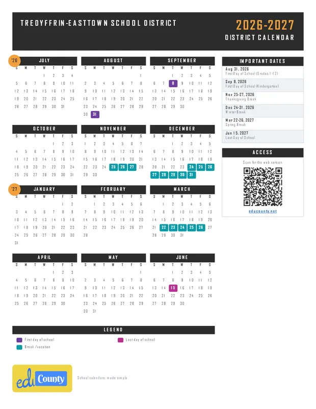 Tredyffrin-Easttown School District printable 2026-27 calendar