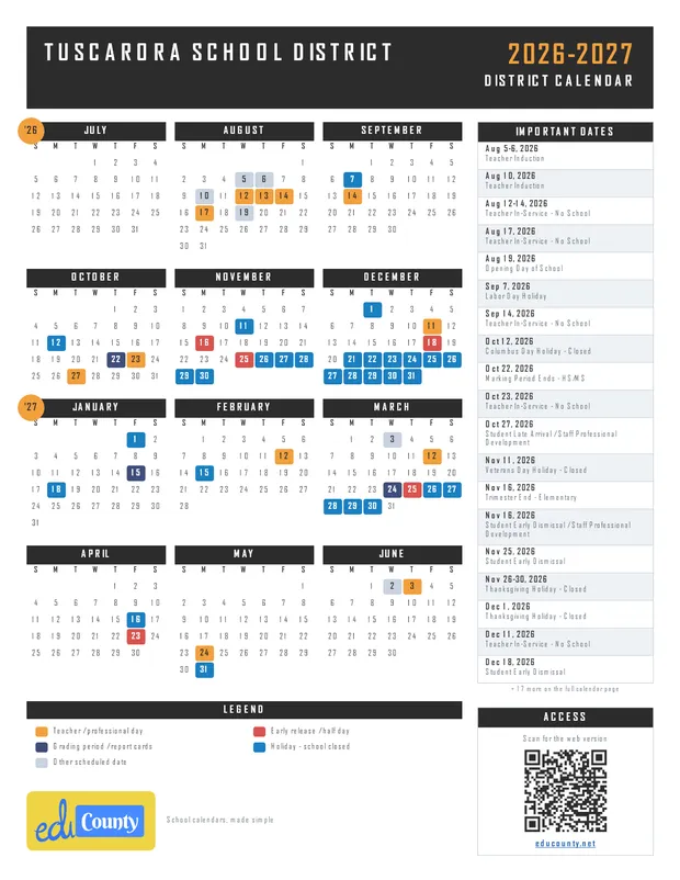 TUSCARORA SCHOOL DISTRICT printable 2026-27 calendar
