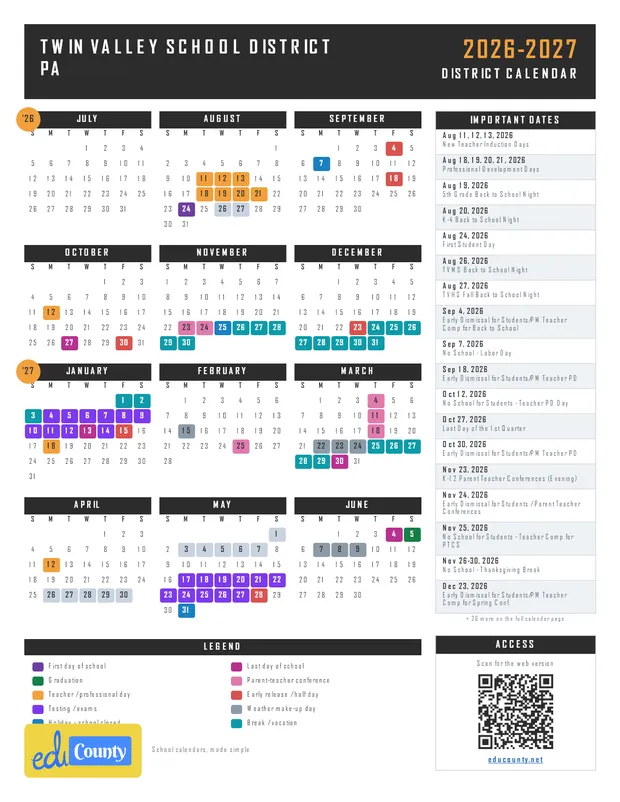 Twin Valley School District printable 2026-27 calendar