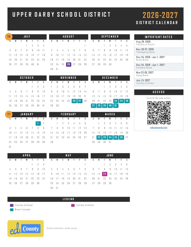 Upper Darby School District printable 2026-27 calendar