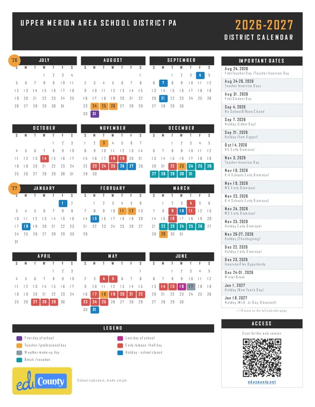 Upper Merion Area School District printable 2026-27 calendar