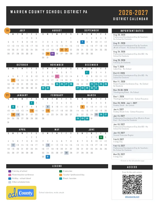Warren County School District printable 2026-27 calendar