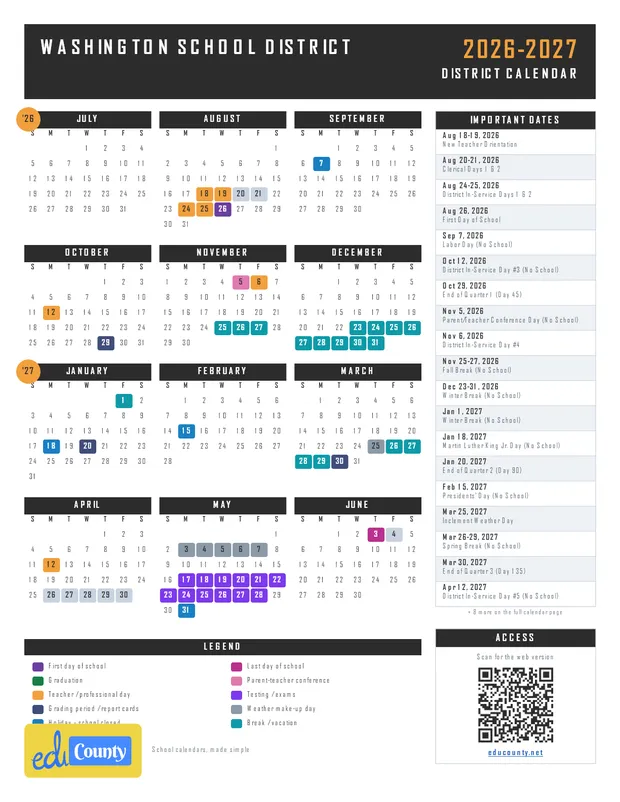 WASHINGTON SCHOOL DISTRICT printable 2026-27 calendar