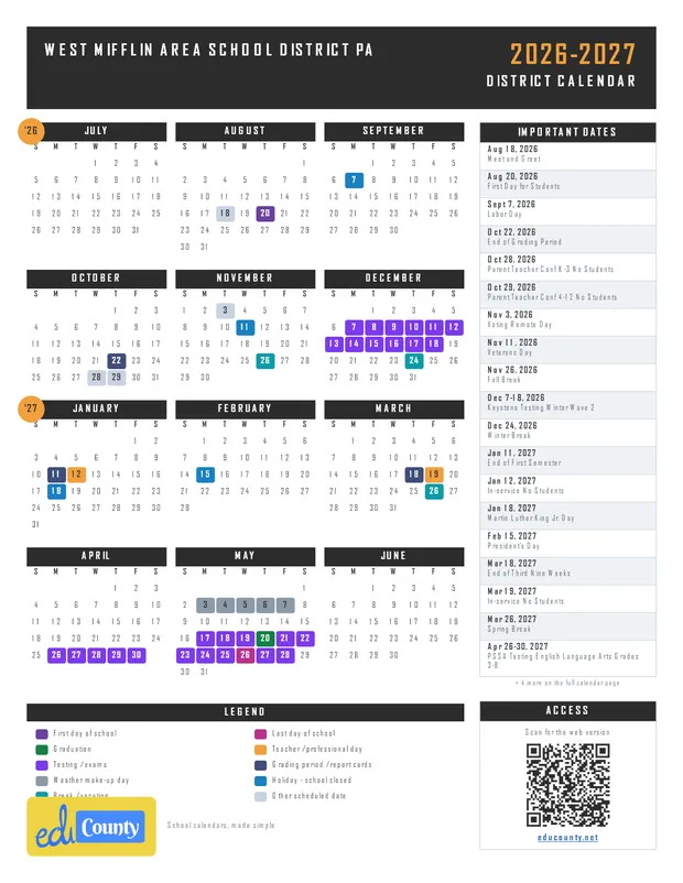 WEST MIFFLIN AREA SCHOOL DISTRICT printable 2026-27 calendar