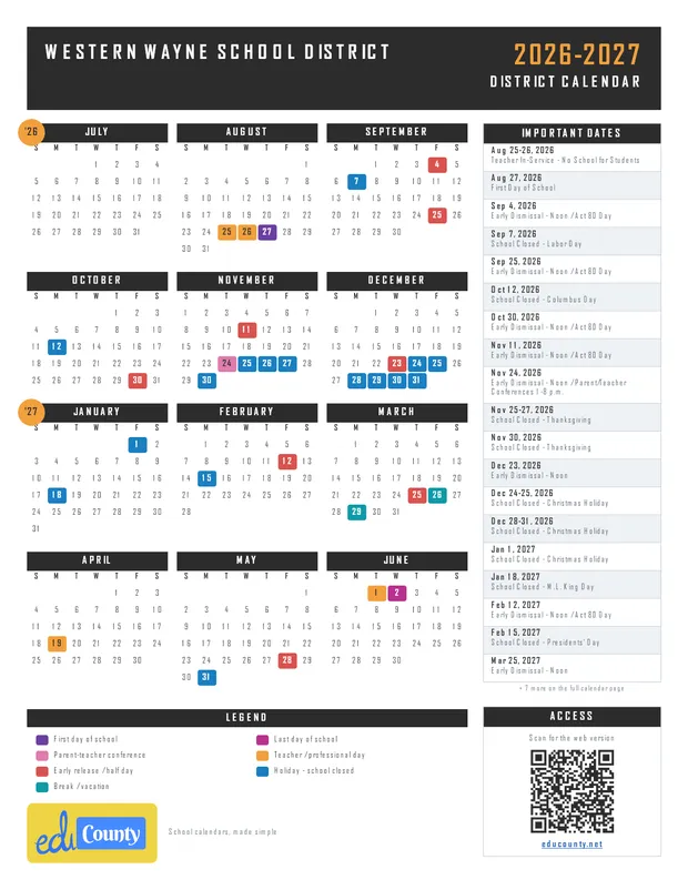 WESTERN WAYNE SCHOOL DISTRICT printable 2026-27 calendar
