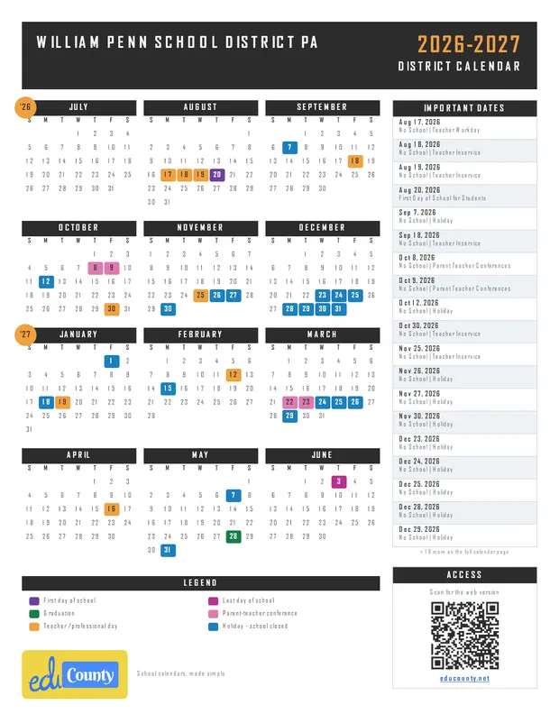 William Penn School District printable 2026-27 calendar