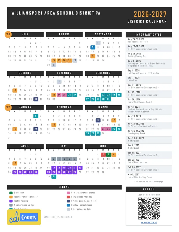 Williamsport Area School District printable 2026-27 calendar