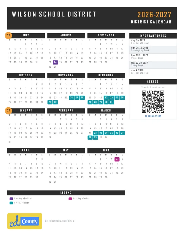Wilson School District printable 2026-27 calendar