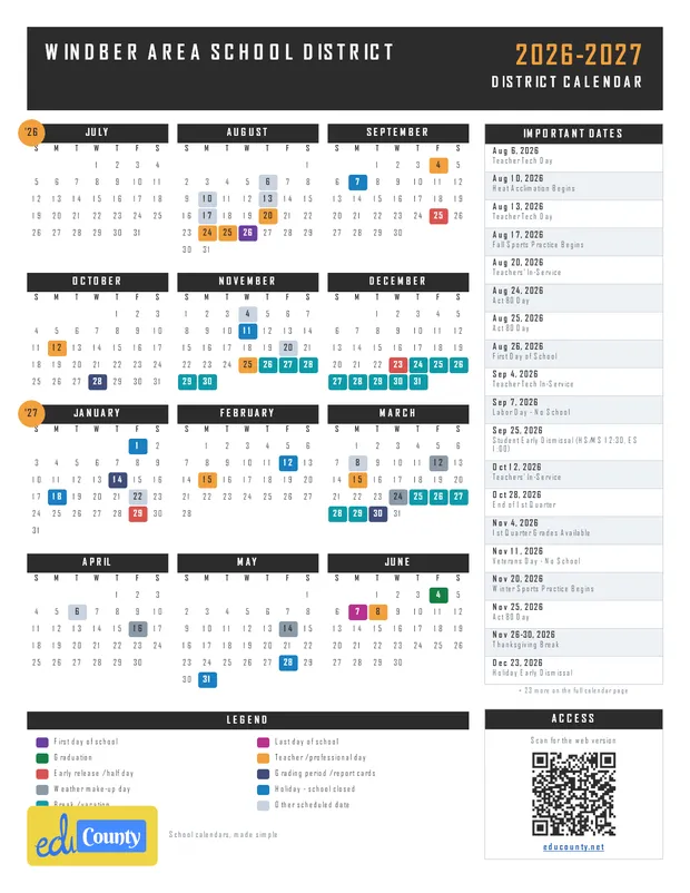 Windber Area School District printable 2026-27 calendar