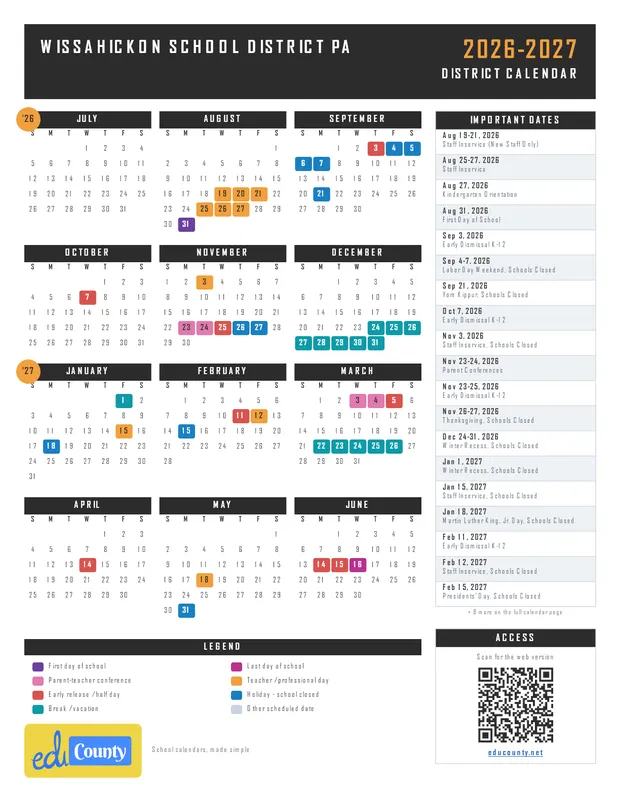 Wissahickon School District printable 2026-27 calendar