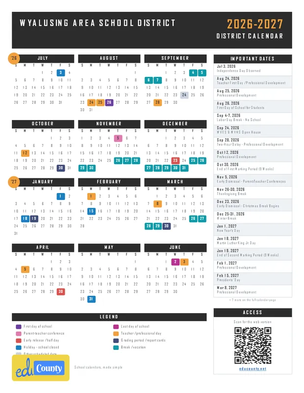 WYALUSING AREA SCHOOL DISTRICT printable 2026-27 calendar