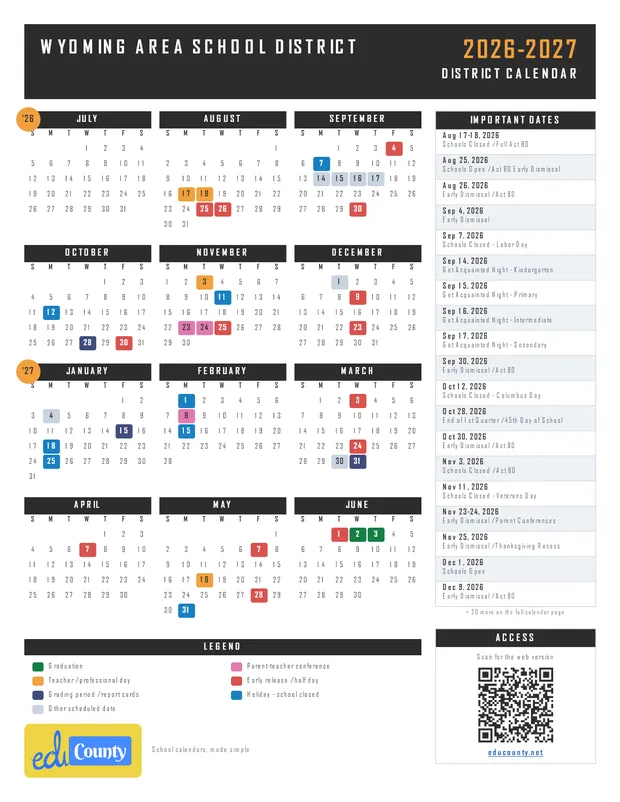 Wyoming Area School District printable 2026-27 calendar