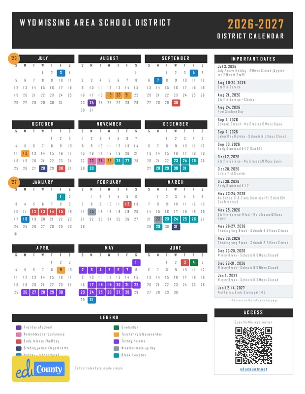 Wyomissing Area School District printable 2026-27 calendar