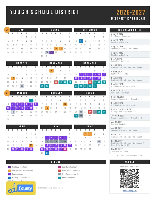 Yough School District printable 2026-27 calendar